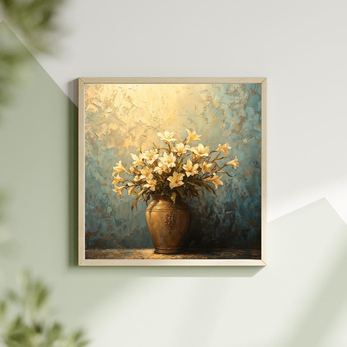 Cream Lilies in Bronze Vase Golden Light Floral Still Life Poster