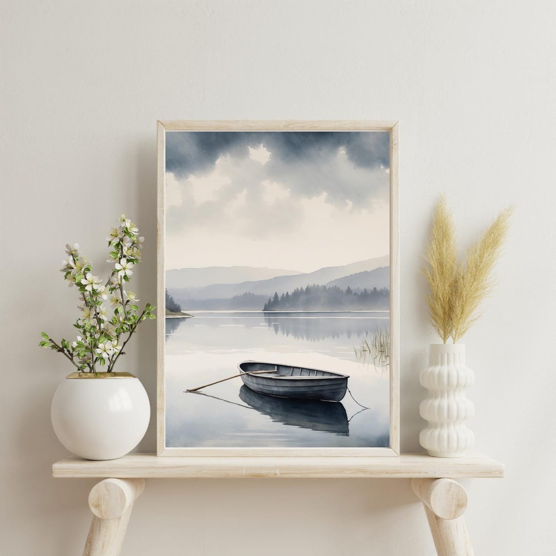 Anchored Paddle Boat In A Gloomy Lake Tranquil Watercolor Art Instant Png