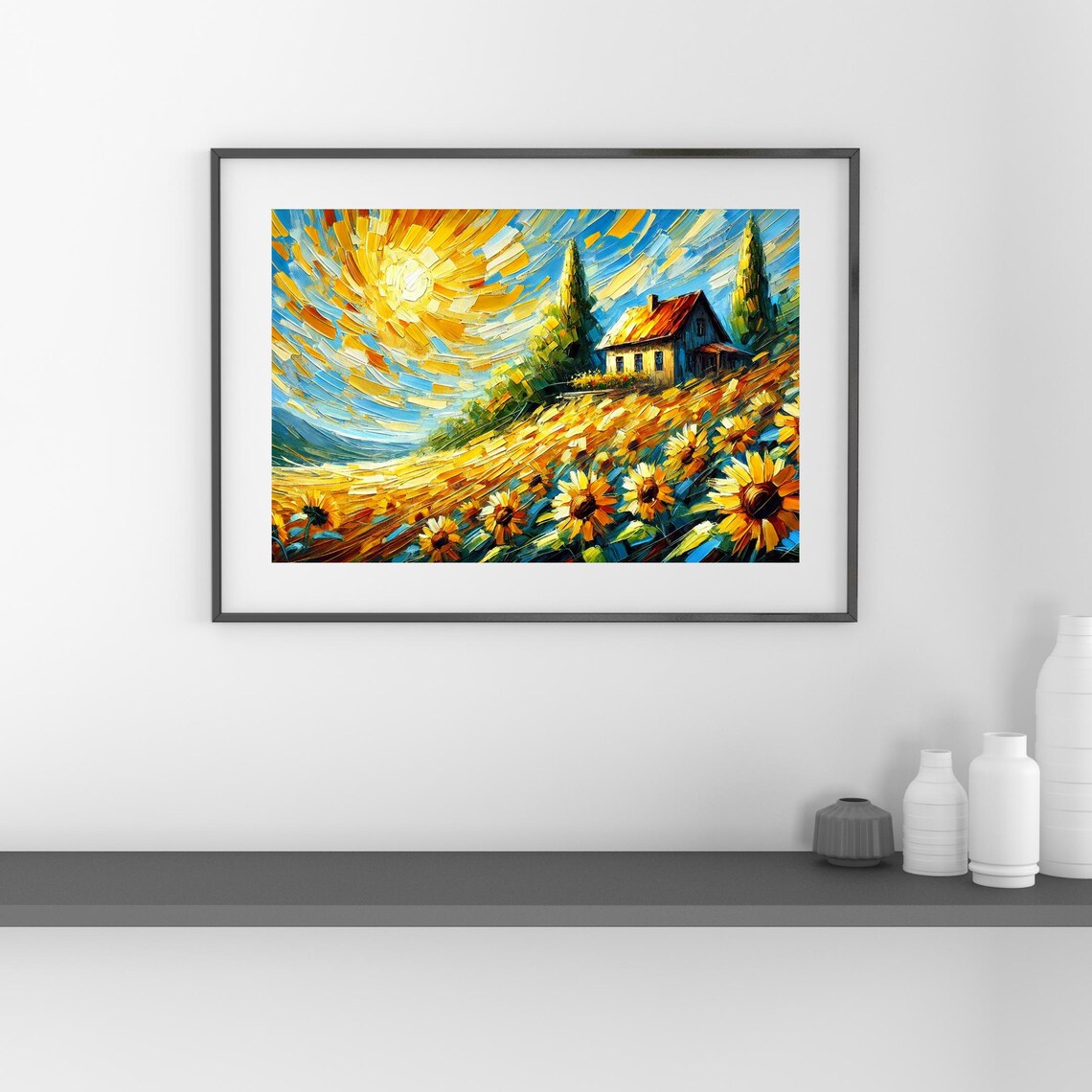 Sunflower Field On A Hill With Cottage Impasto Oil Art Poster