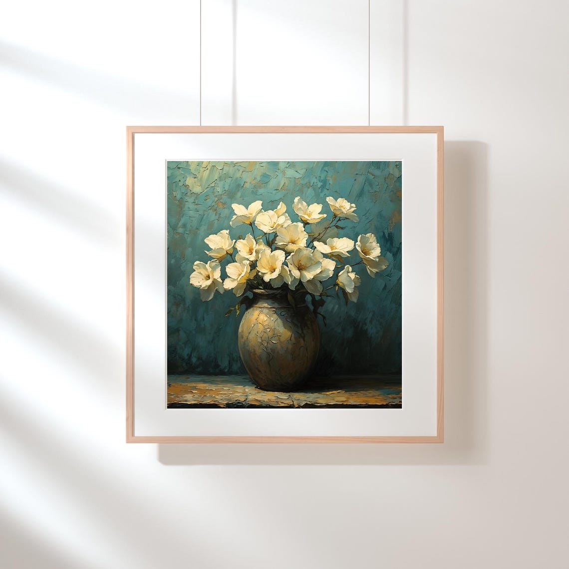 White Blossoms in Vase Teal Impasto Floral Still Life Art Poster - Image 2