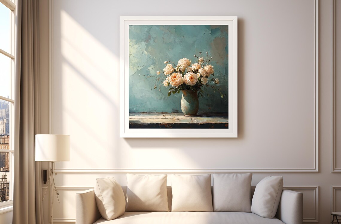 Blush Roses in a Vase Vintage Floral Still Life Painting Poster