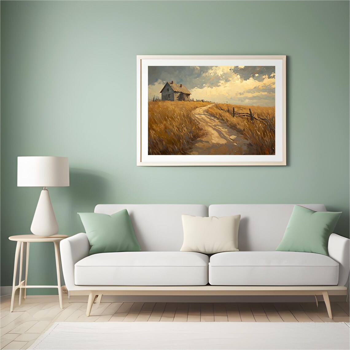 Golden Wheat Field Path to Old Farmhouse Country Road Art Poster - Image 2