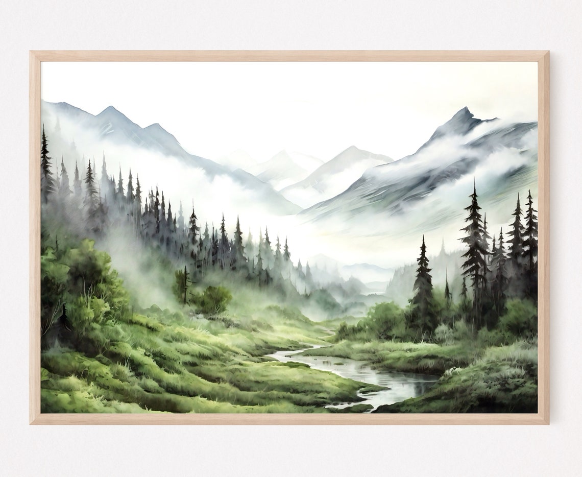 Green Mountain Valley Stream Watercolor Peaceful Landscape Art Print