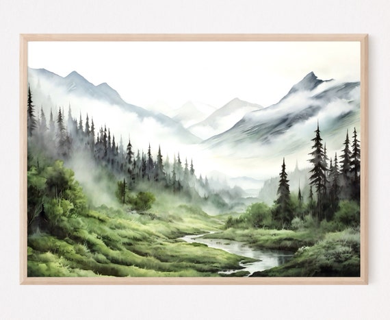 Mountain Valley Watercolor Painting Art Print