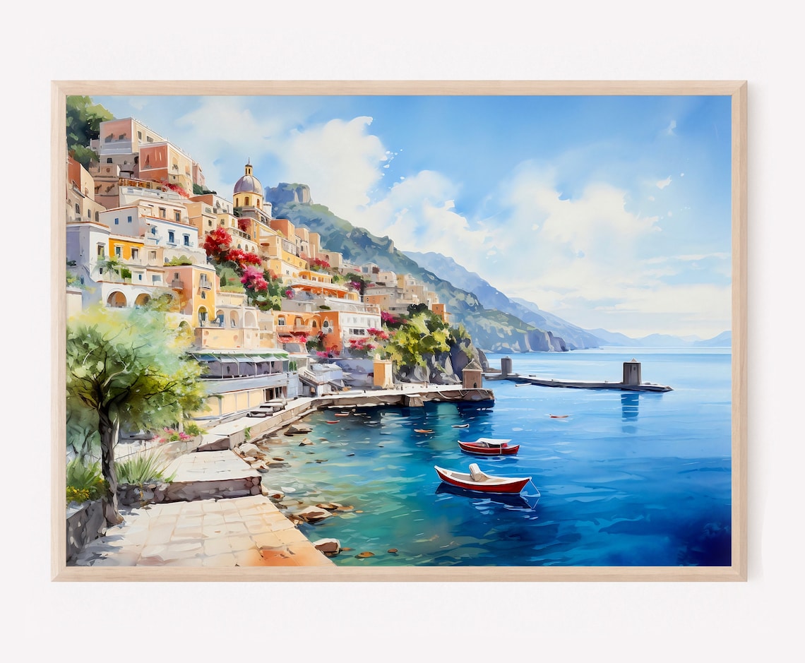 Positano Watercolor Cityscape, Amalfi Coast Art Print