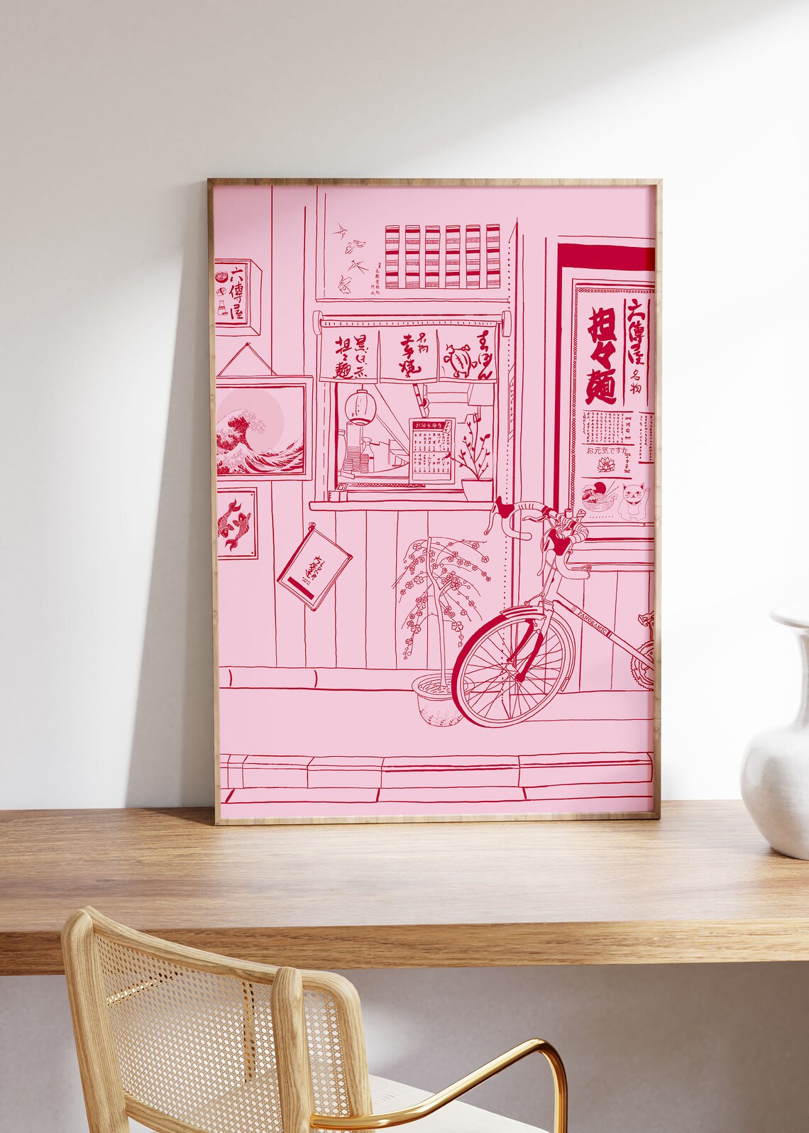 Traditional Japanese Shopfront Red Line Art Street Scene Poster - Image 2