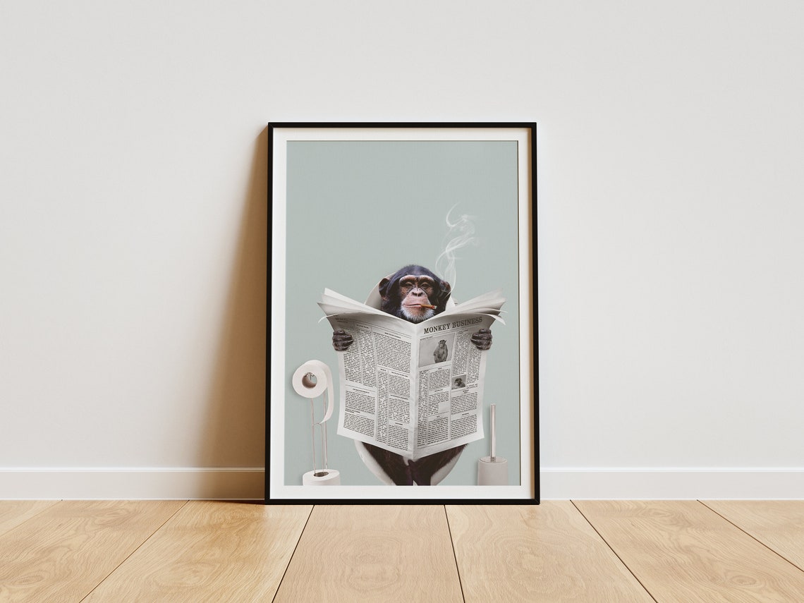 Monkey Reading Newspaper on Toilet Funny Bathroom Animal Poster
