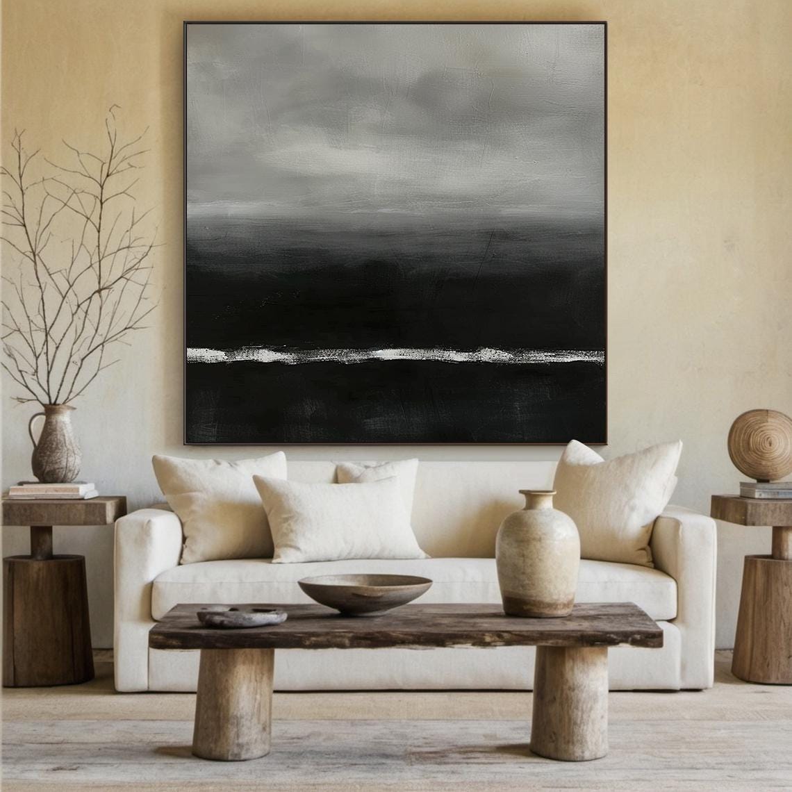Grey Black Abstract Painting White Horizon Line Moody Modern Wall Art - Image 3