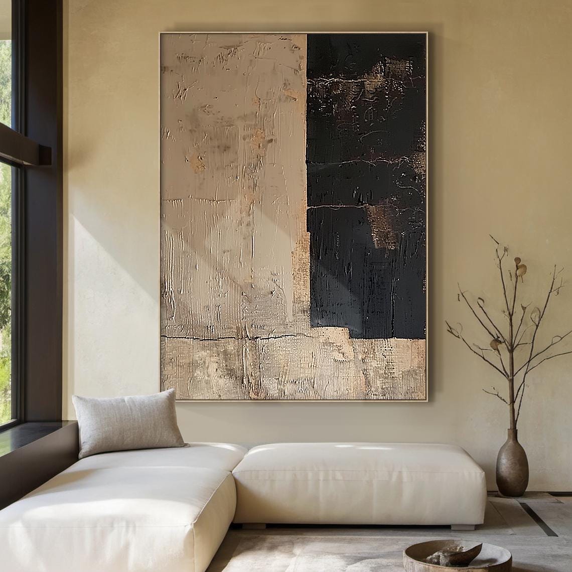 Beige Black Split Panel Wabi Sabi Abstract Texture Oil Painting Poster