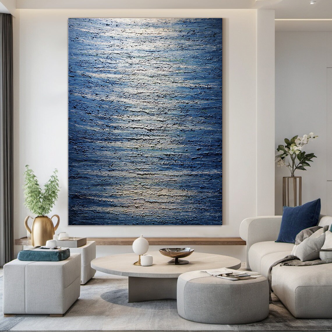 Large Blue Abstract Painting Blue Wabi Sabi Style Wall Art Blue Accents Textured Hand Painted Modern Art Wall Decor