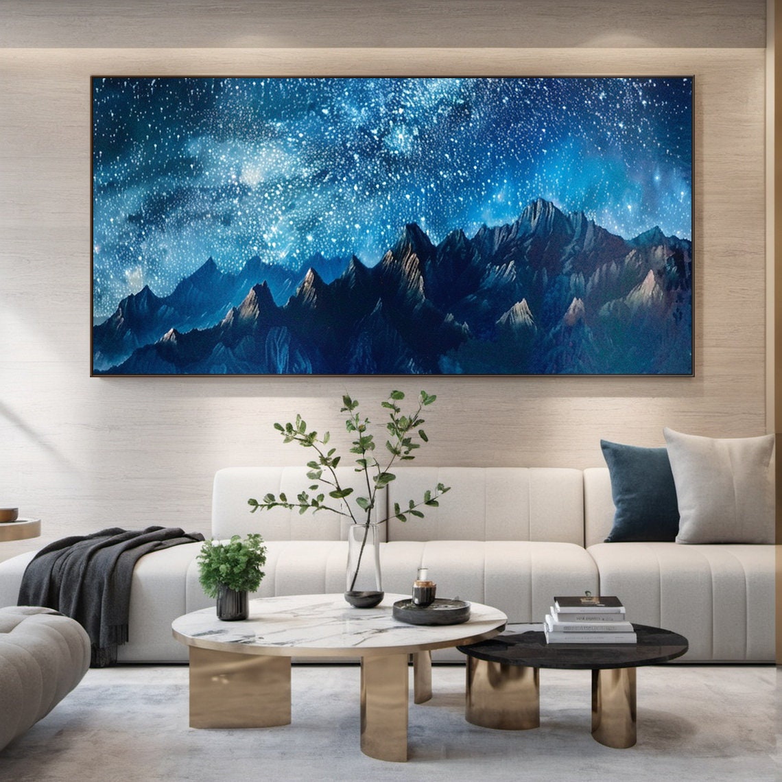Mountain Starry Sky Painting Large Blue Sky Landscape Oil Painting Blue Wall Decoration Art Modern Natural Living Room Decoration - Image 3