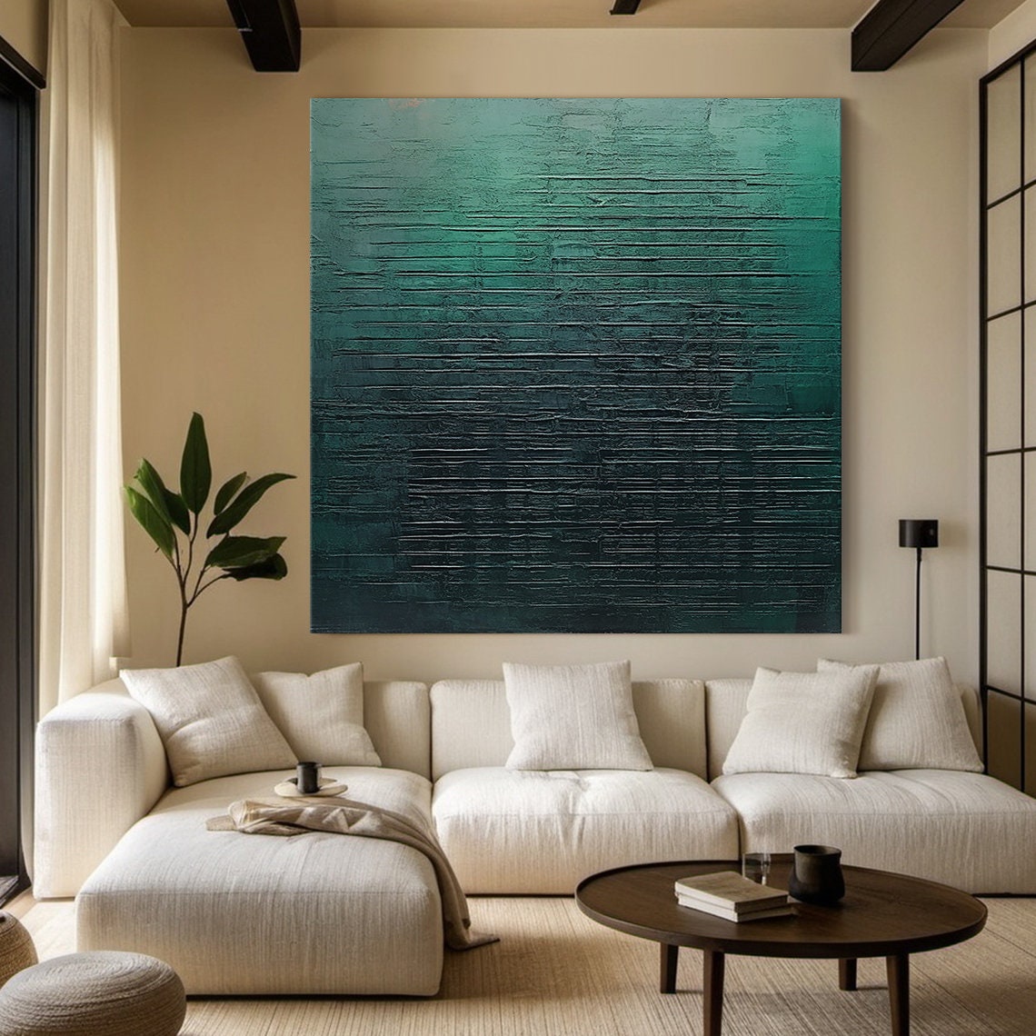 Dark Teal Green Abstract Texture Oil Painting Vertical Drips Poster - Image 3