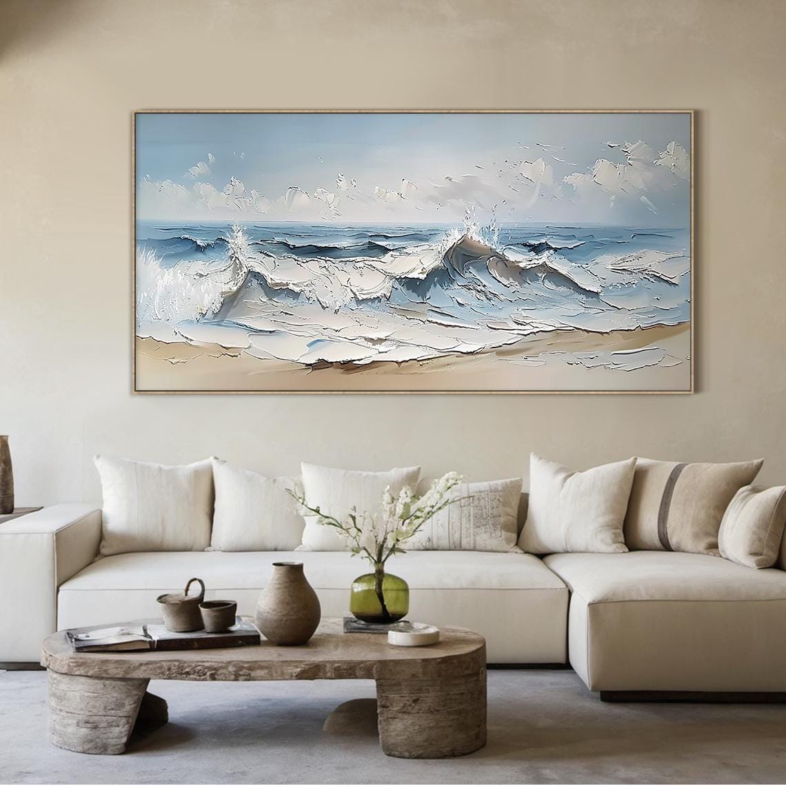 Ocean Waves Breaking On Sandy Shore Impasto Textured Beach Wall Art