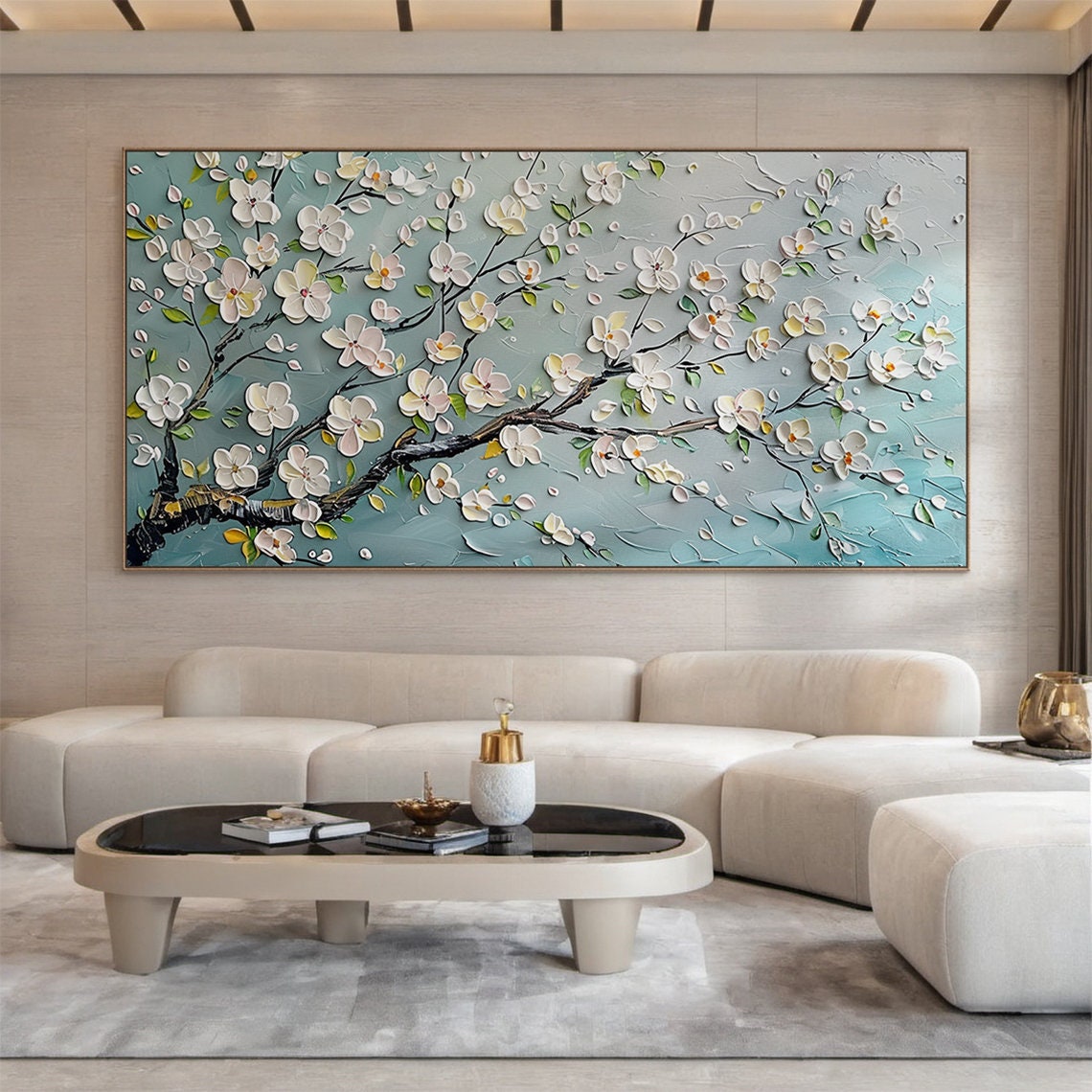 White Blossom Tree Panoramic Oil Painting Blue Grey Background Poster - Image 3
