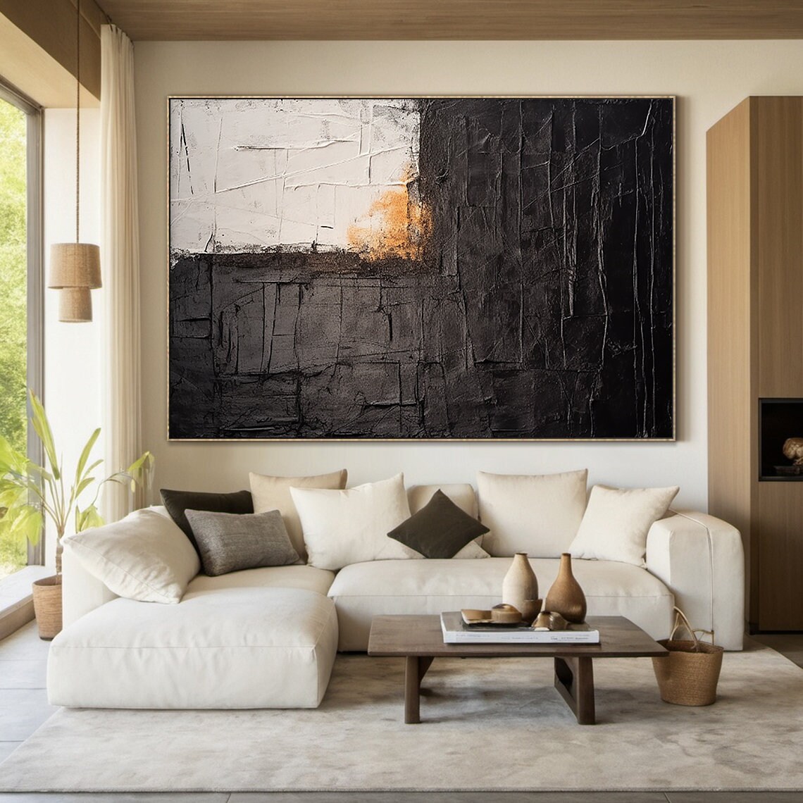 Large Black Abstract Painting Grey Wabi Sabi Style Wall Art Brown Accents Textured Hand Painted Modern Art Wall Decor - Image 3