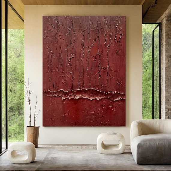 Wine Red Cracked Texture Abstract Impasto Moody Large Living Room Poster