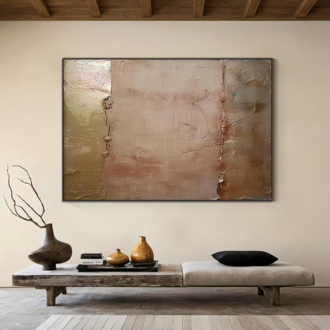 Brown Wabi Sabi Wall Painting Gold Abstract Art Large Beige Minimalist Wall Painting Oil Painting On Beige Textured Modern Art - Image 2