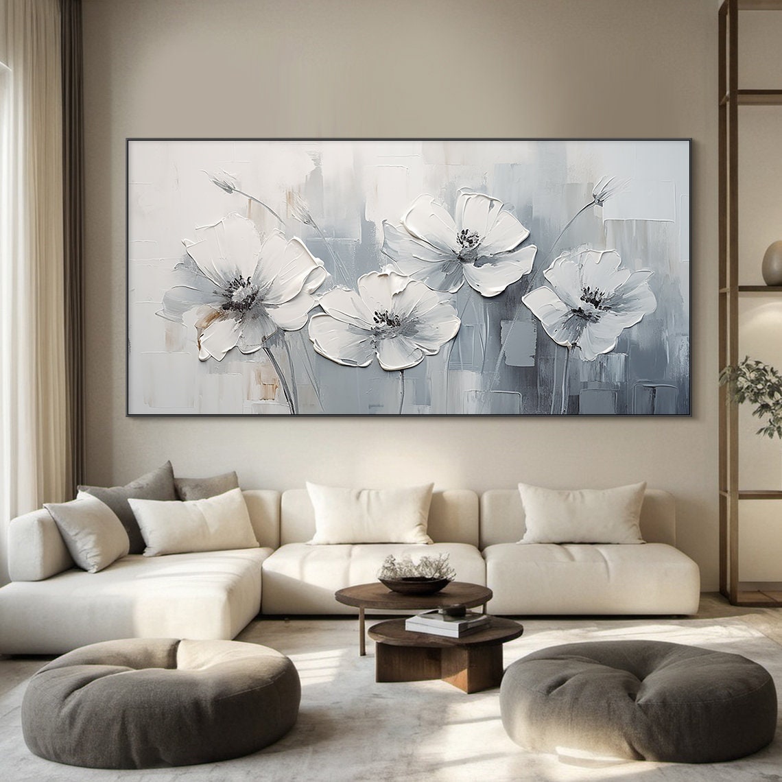 White Grey Floral Oil Painting Four Blossoms Panoramic Texture Poster - Image 5