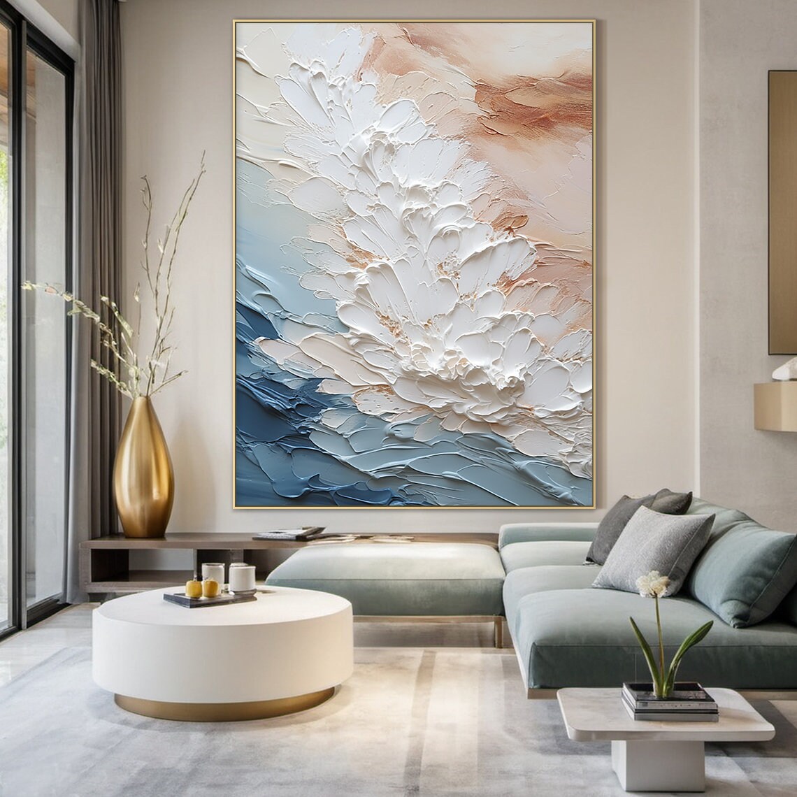 White Blossom Over Blue Ocean Abstract Texture Oil Painting Poster - Image 4