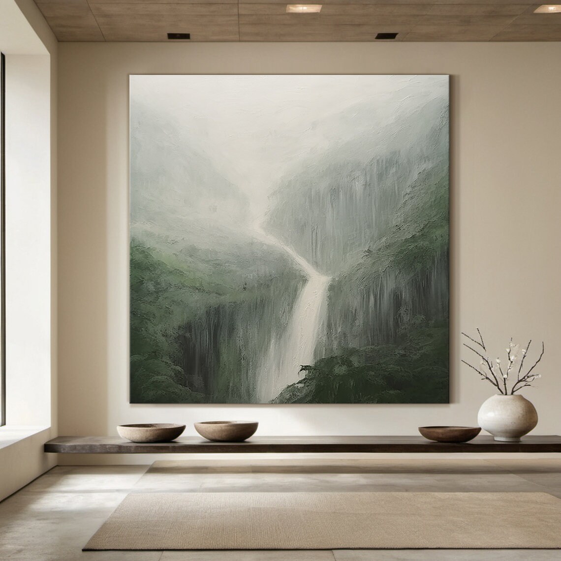 Green Abstract Mountains Waterfall Art Print - Image 5