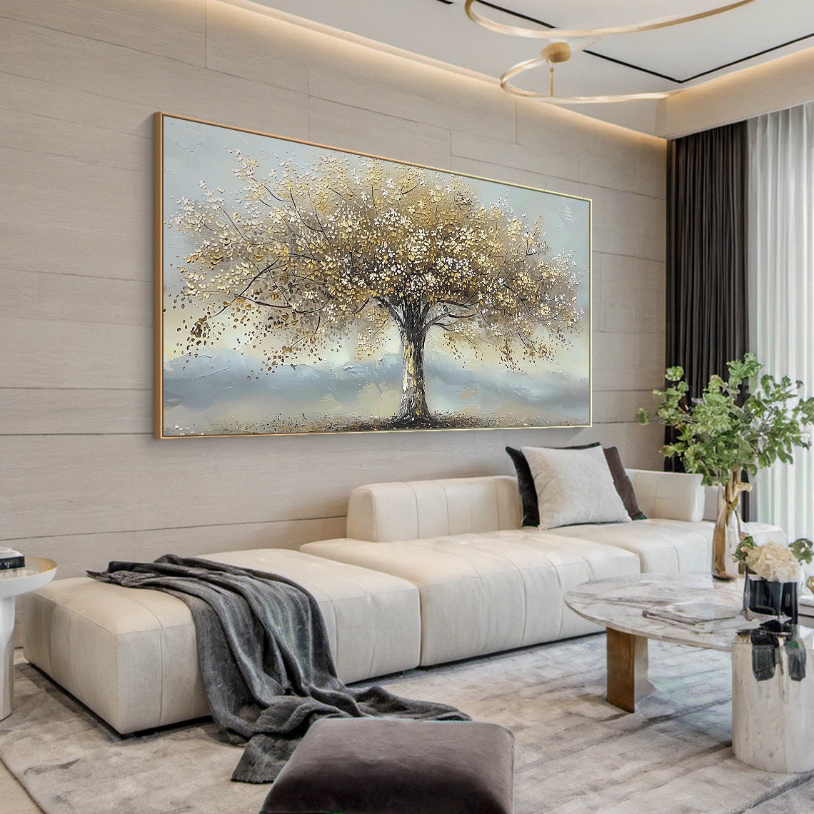 Golden Tree Of Life Blossom On Grey Blue Textured Canvas Poster - Image 5