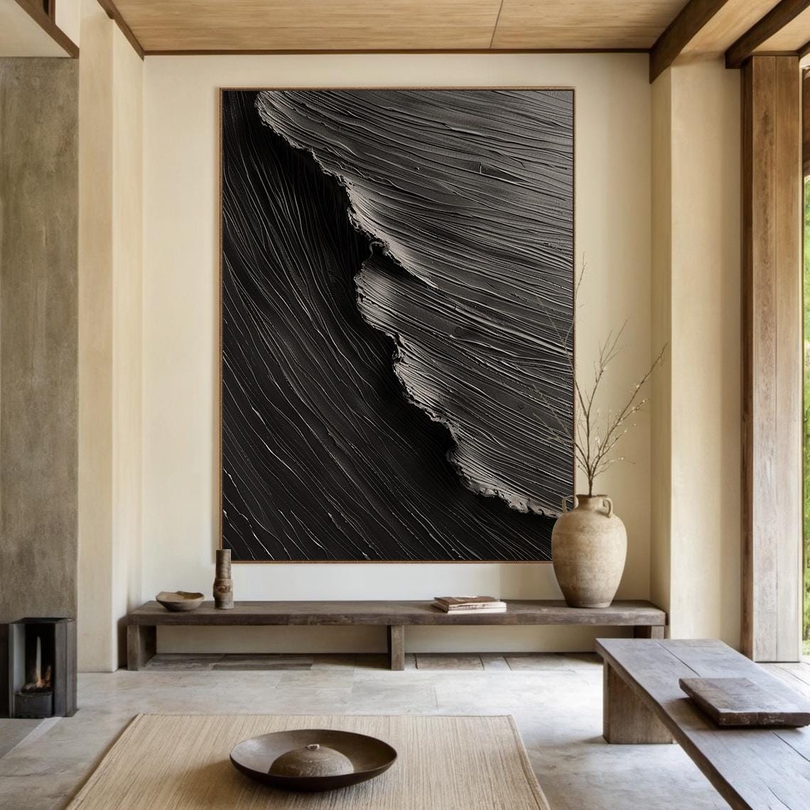 Black White Wave Textured Abstract Painting Dramatic Wall Art Poster - Image 3