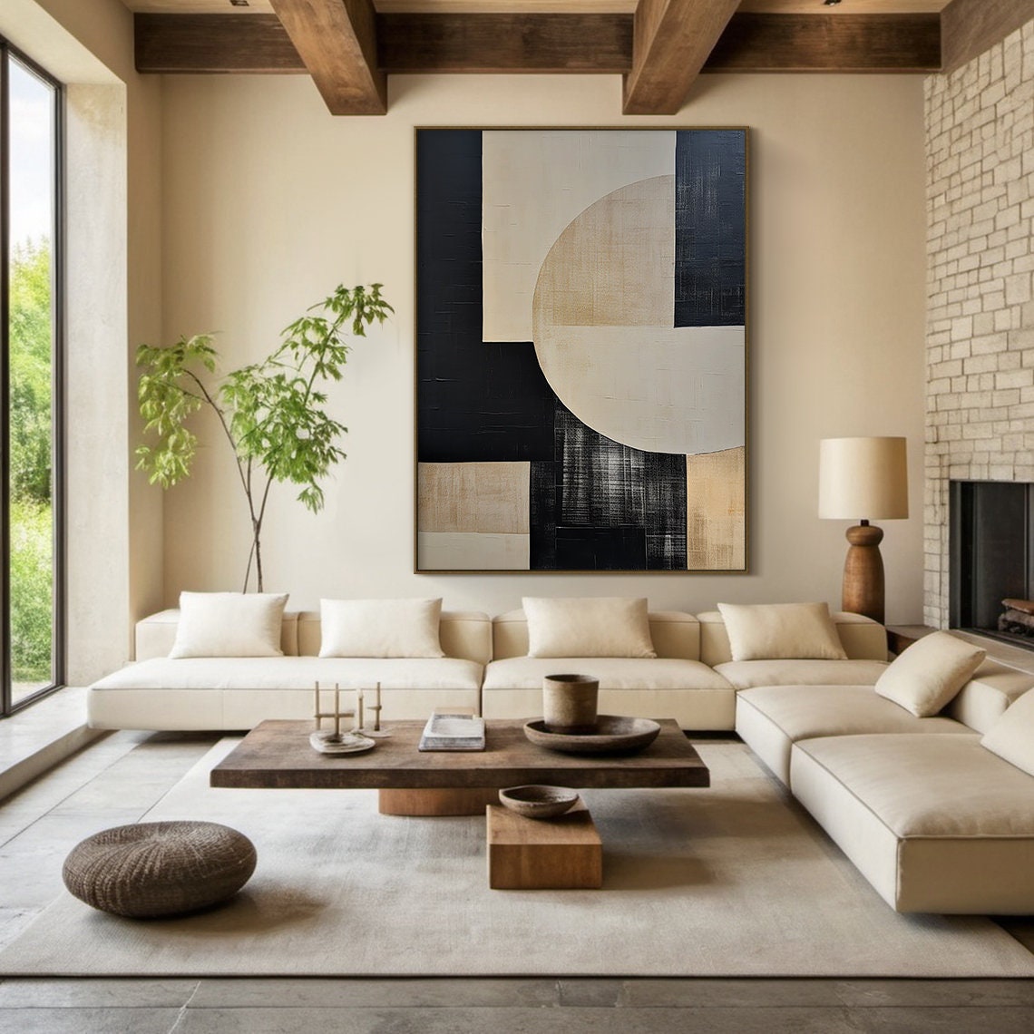 Black Cream Beige Geometric Circle Abstract Modern Canvas Poster - Image 2