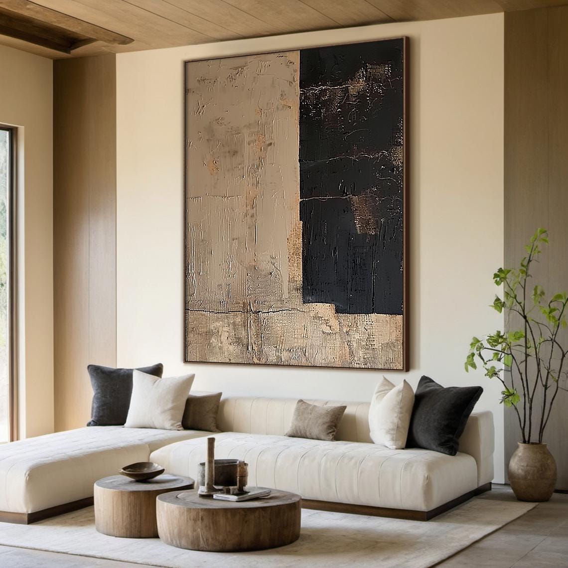 Beige Black Split Panel Wabi Sabi Abstract Texture Oil Painting Poster - Image 6