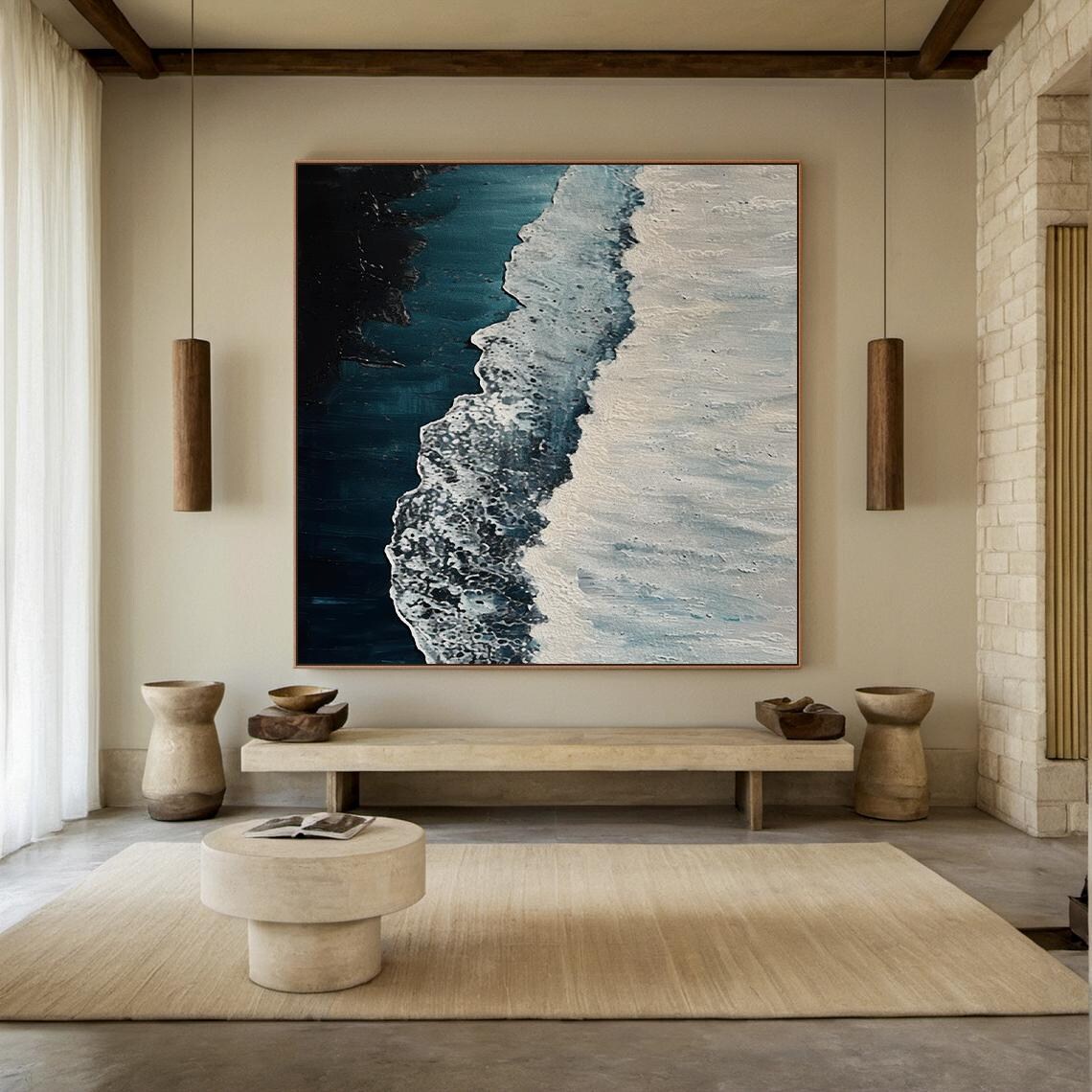 Dark Blue Ocean Aerial White Sand Shore Oil Painting Vertical Poster - Image 5