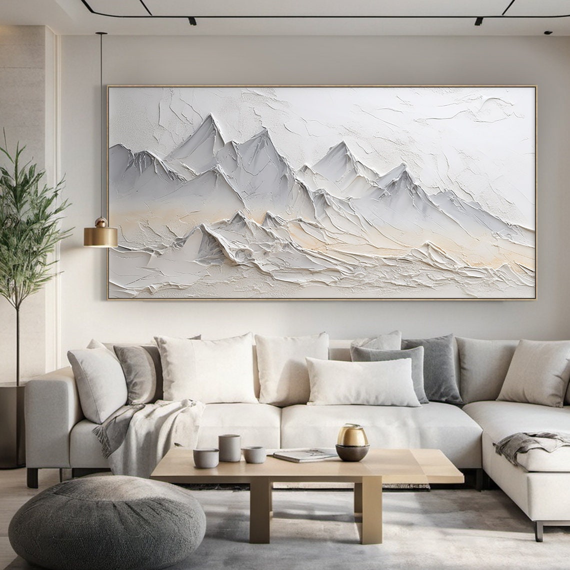 White Grey 3D Mountain Relief Warm Peach Glow Modern Serene Wall Art