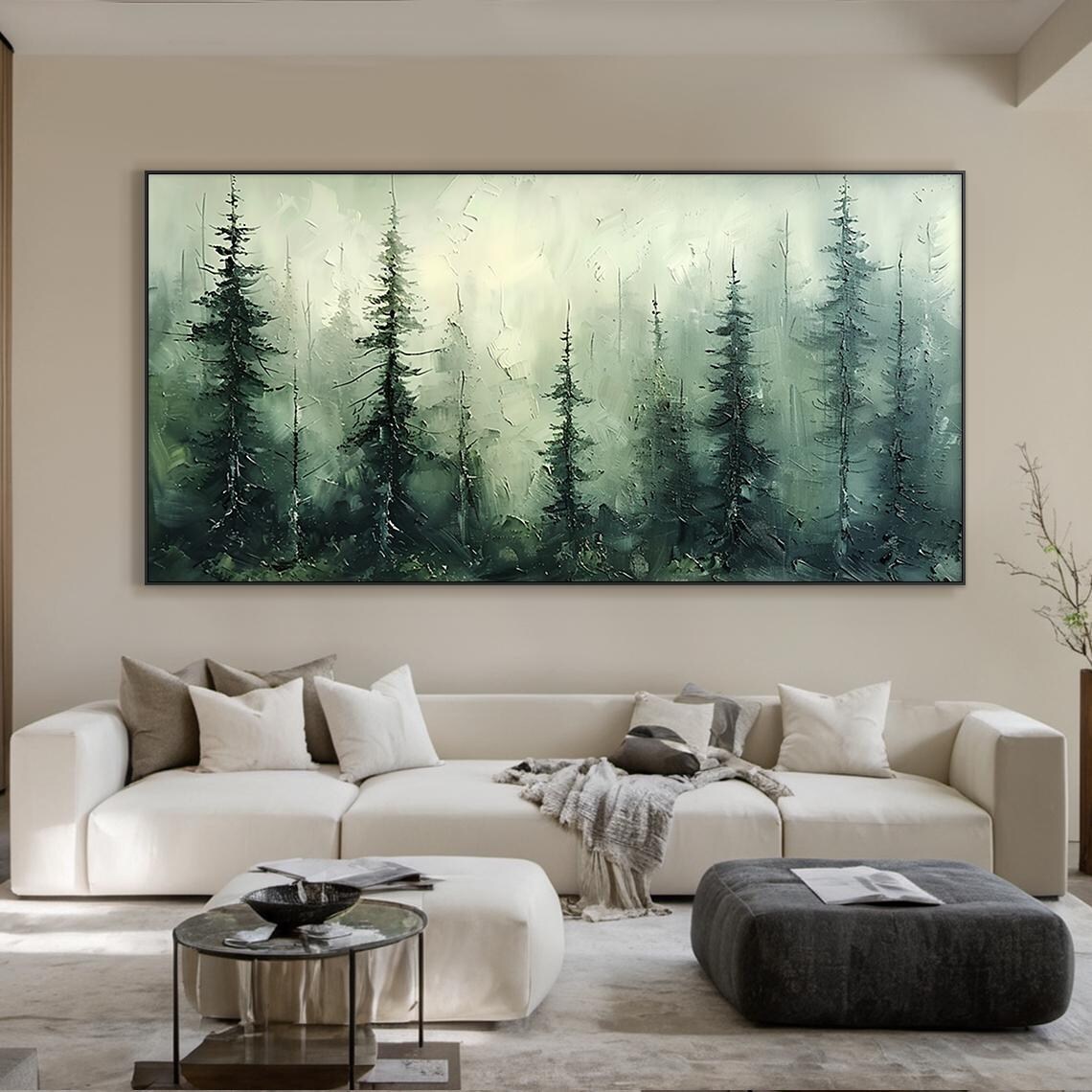 Tall Green Pine Trees Misty Forest Oil Style Nature Living Room Poster - Image 6