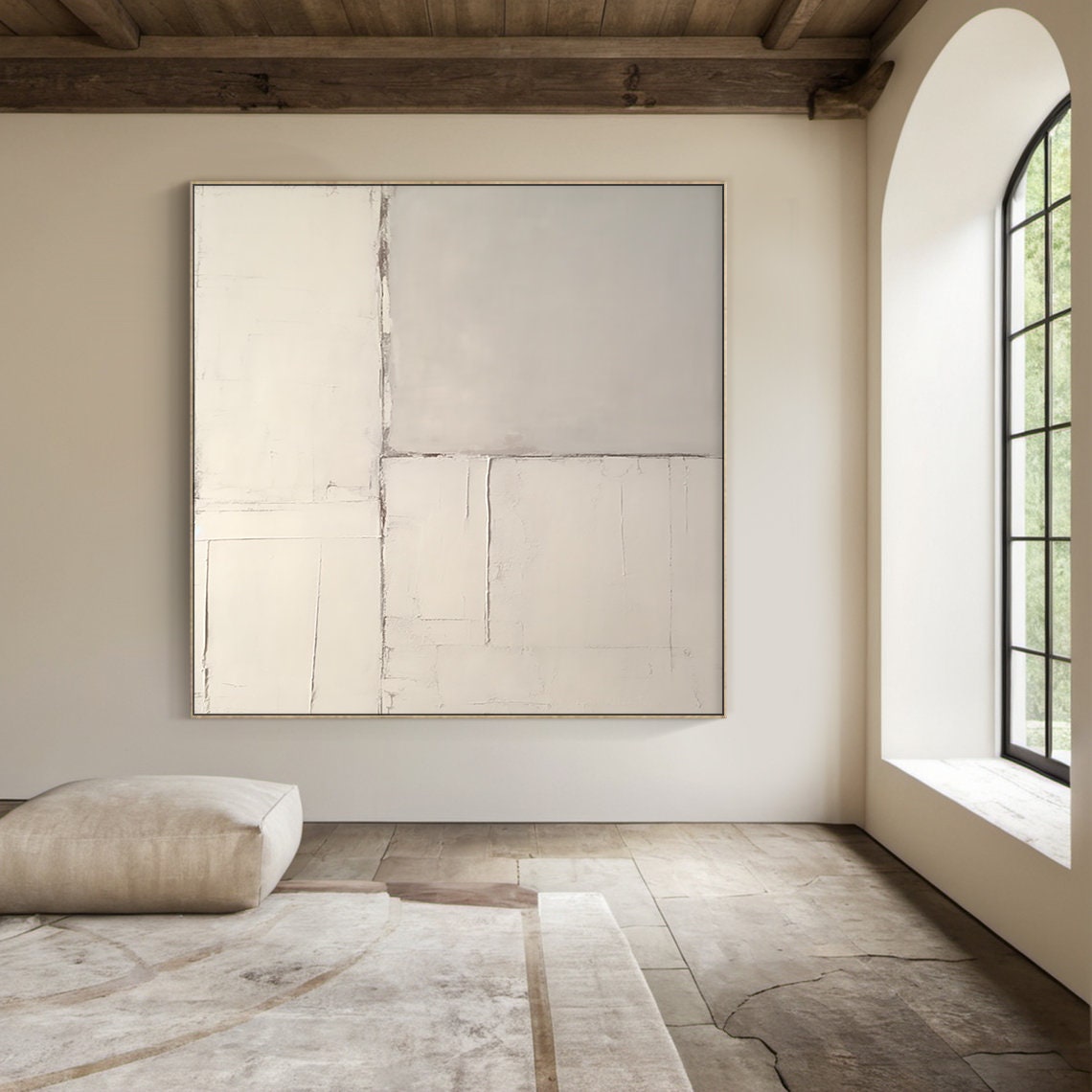 Warm Beige Minimalist Plaster Abstract Subtle Grid Lines Calm Wall Art - Image 3