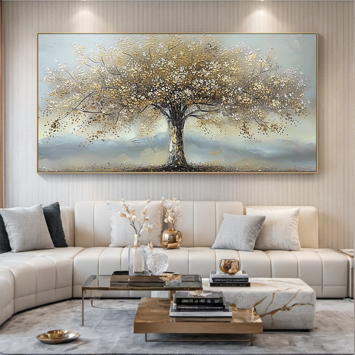 Golden Tree Of Life Blossom On Grey Blue Textured Canvas Poster - Image 6