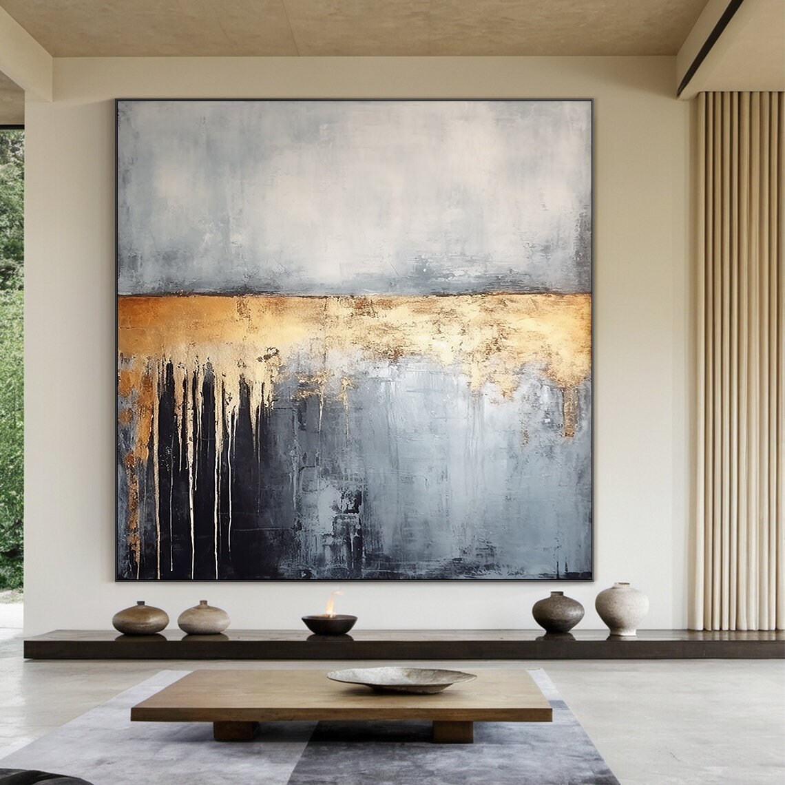 Off White Abstract Painting Grey Wabi Sabi Wall Art Large Black Wall Art Gold Textured Hand Painting Home Wall Decoration - Image 3