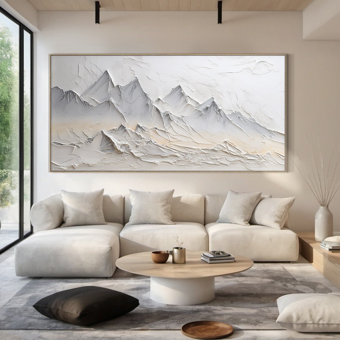 White Grey 3D Mountain Relief Warm Peach Glow Modern Serene Wall Art - Image 2