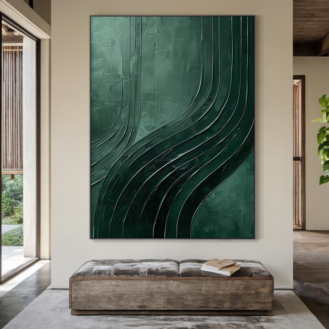 Emerald Green Flowing Curved Lines Minimal Abstract Living Room Poster