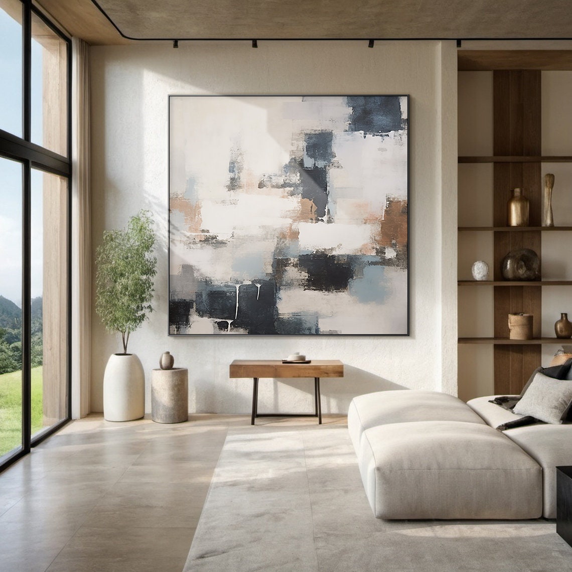 White Grey Navy Abstract Oil Painting Vertical Blocks Modern Poster - Image 5