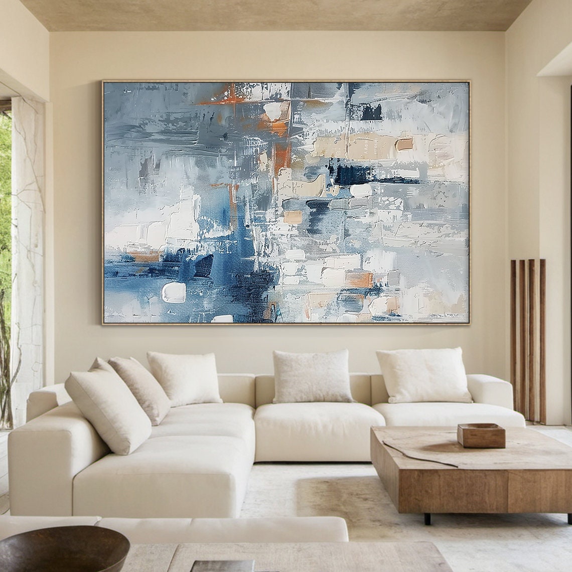 Blue Grey Abstract With Tan Block Shapes Textured Modern Poster - Image 2
