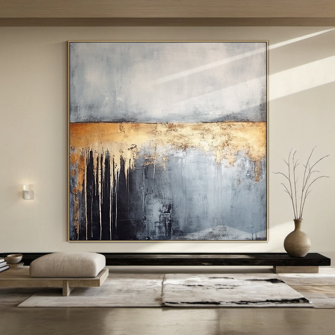 Off White Abstract Painting Grey Wabi Sabi Wall Art Large Black Wall Art Gold Textured Hand Painting Home Wall Decoration - Image 5