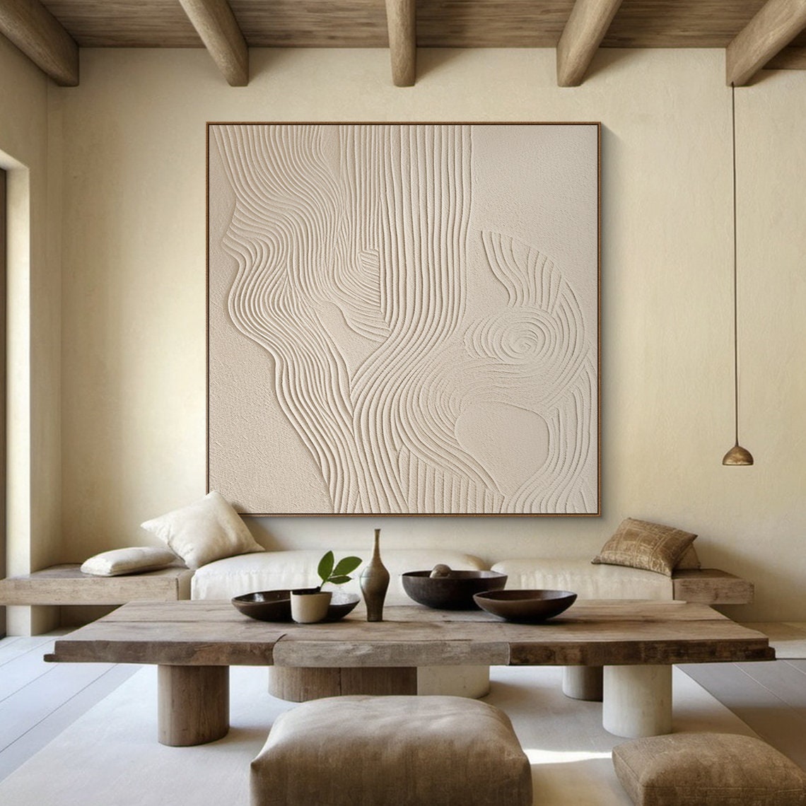 Cream Textured Abstract Wavy Lines Minimalist Plaster Art Poster - Image 6