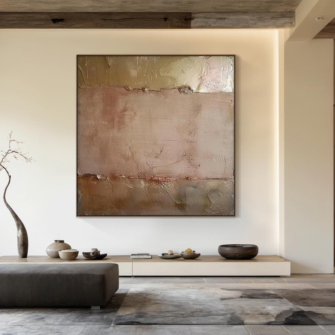 Brown Wabi Sabi Wall Painting Gold Abstract Art Large Beige Minimalist Wall Painting Oil Painting On Beige Textured Modern Art - Image 4
