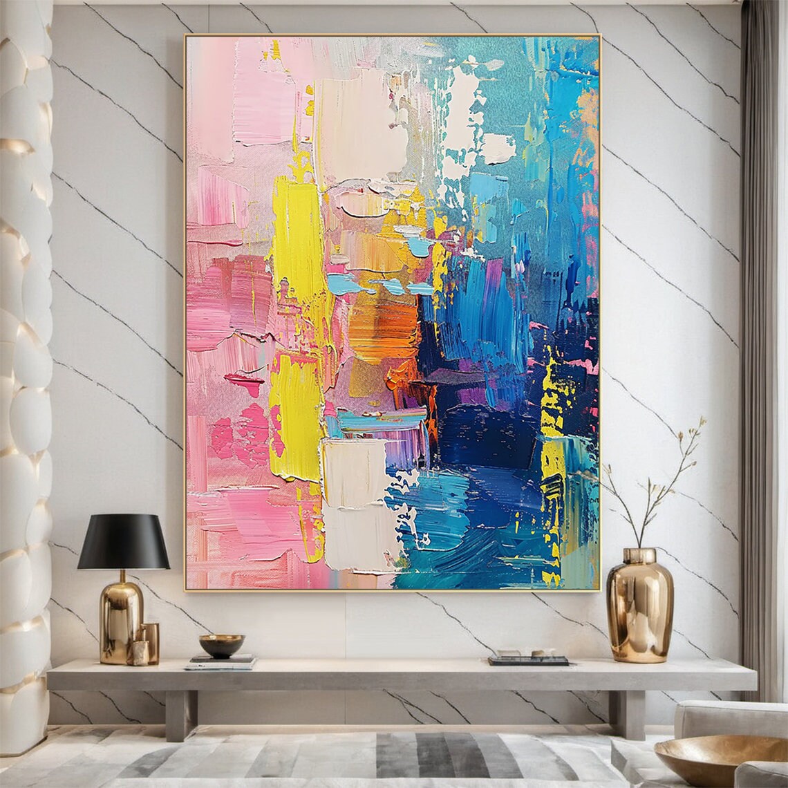 Pink Blue Yellow Bold Impasto Abstract Colorful Modern Art Poster - Image 5