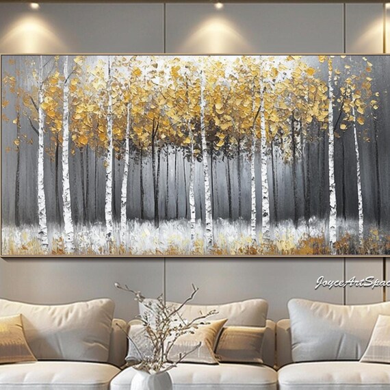 Golden Birch Trees Oil Painting Abstract Textured Wall Art Large Wall Decor Fall Forest Artwork Modern Nature Inspired Landscape Art