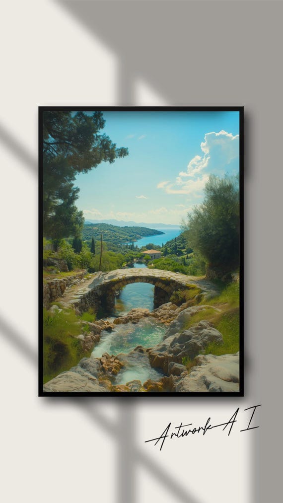 Poster Mediterranean Tranquility Stone Bridge Coastal Landscape Framed Or Unframed