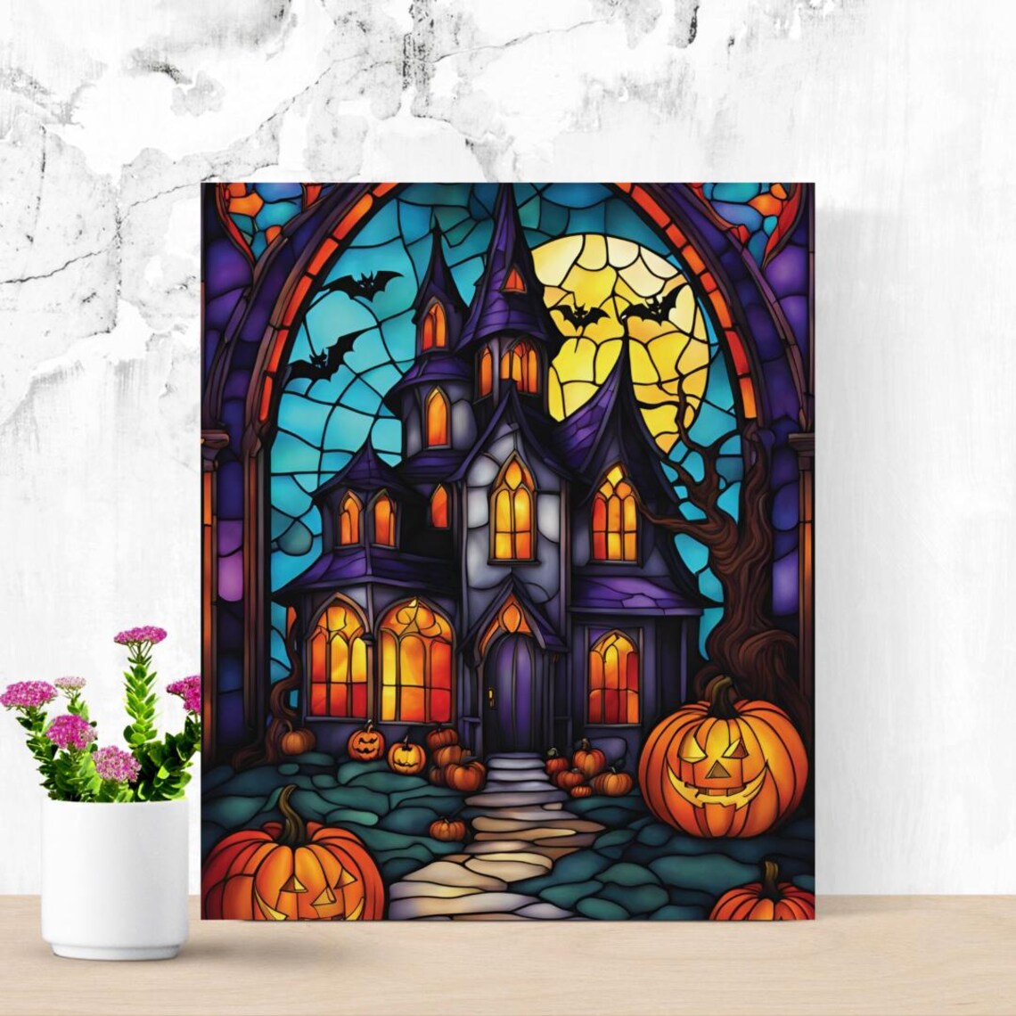 Stained Glass Halloween Haunted House Art Print