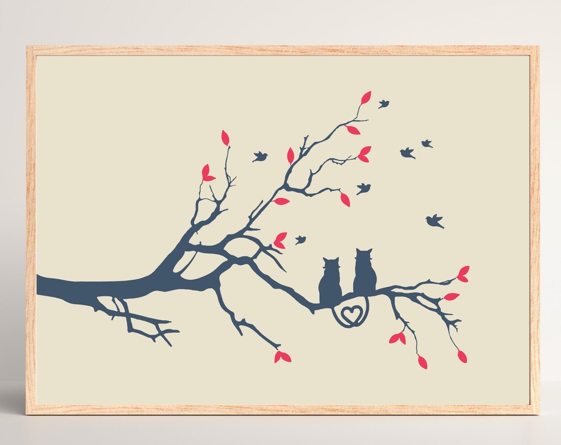 Two Cats on Branch Love Art Print Romantic Cat Couple Silhouette Decor