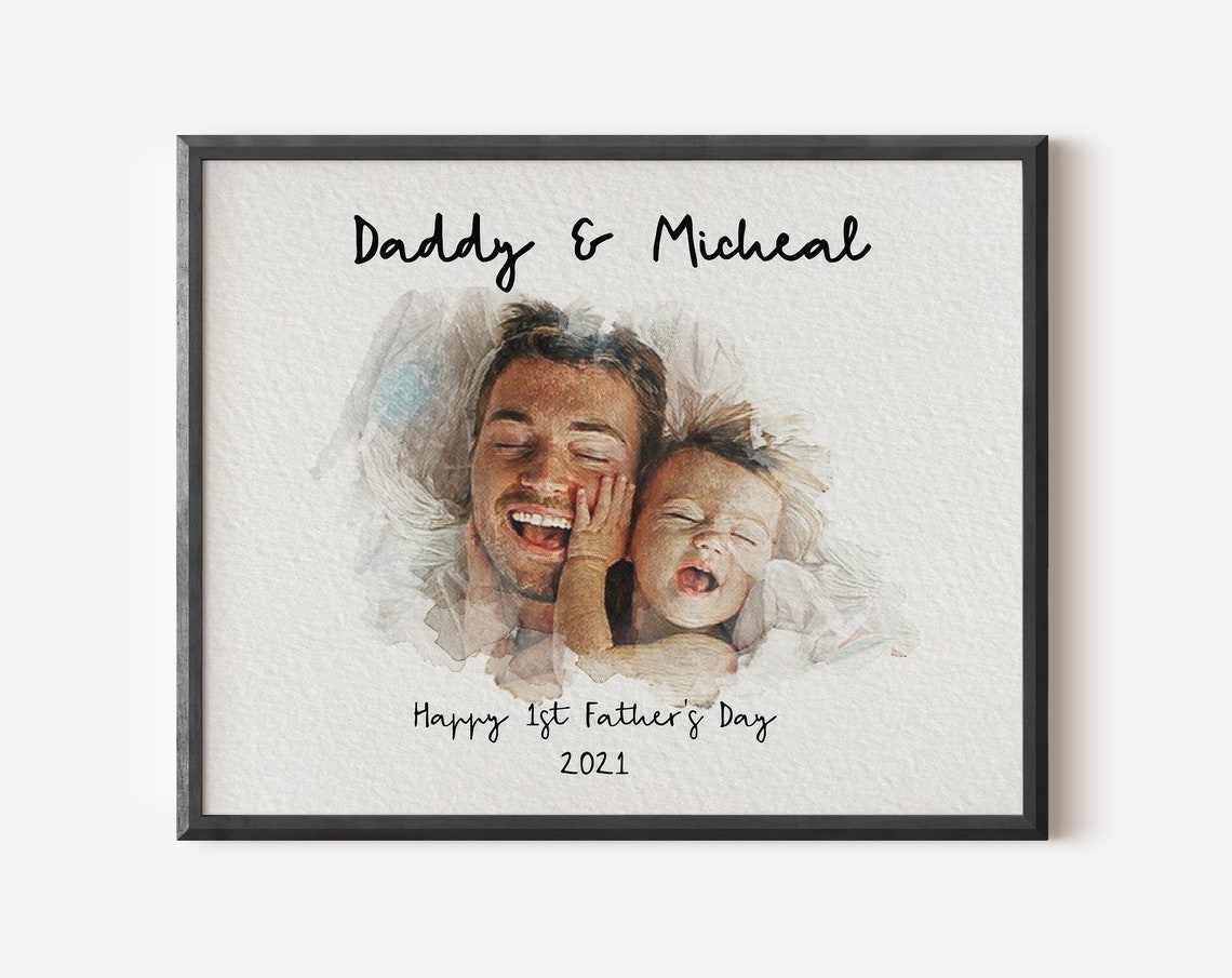 Daddy And Micheal Happy First Father's Day Watercolor Portrait Poster