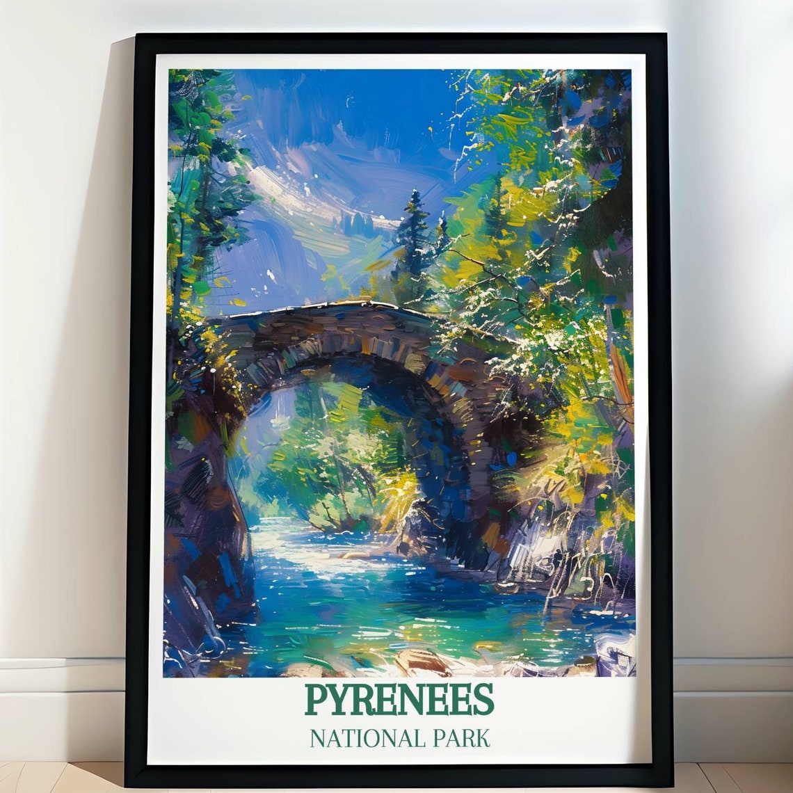 Pyrenees National Park Old Stone Arch Bridge Turquoise River Poster