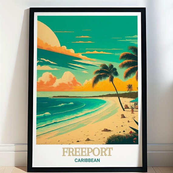 Freeport Caribbean Golden Sunset Palm Beach Waves Art Poster