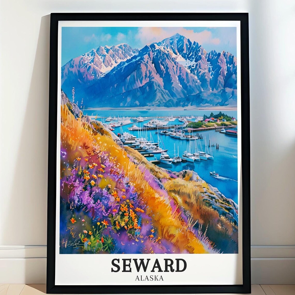 Seward Alaska Harbor Sailboats Wildflower Hill Travel Poster